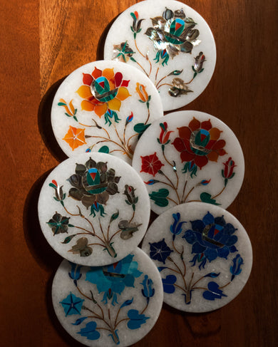 Mughal Multicolored Marble Inlay Coaster Set (6-Piece) – Gemstone Pietra Dura with Holder
