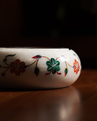 Mughal Red Flower Marble Coaster Set (6-Piece) – Gemstone Inlay Pietra Dura with Decorative Holder