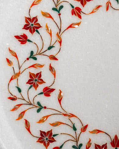White Round Marble Inlay Platter – Handcrafted Mughal Pietra Dura Design