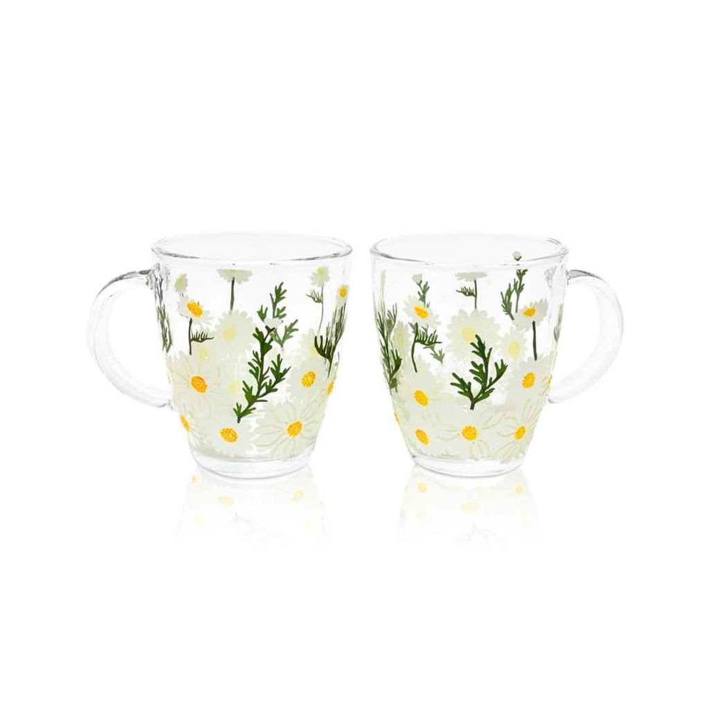 Hand-Painted Daisy Glass Mugs – Set of 2