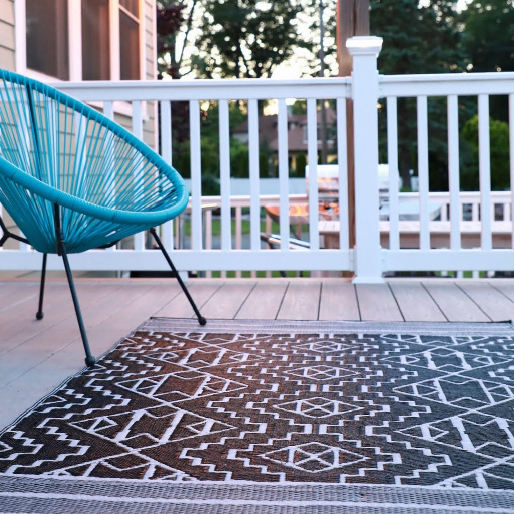 Kilimanjaro Black Boho Reversible Outdoor Patio Rug