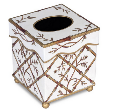 Ivory Bamboo & Floral Tissue Holder & Wastepaper Basket | Elegant Bath Décor