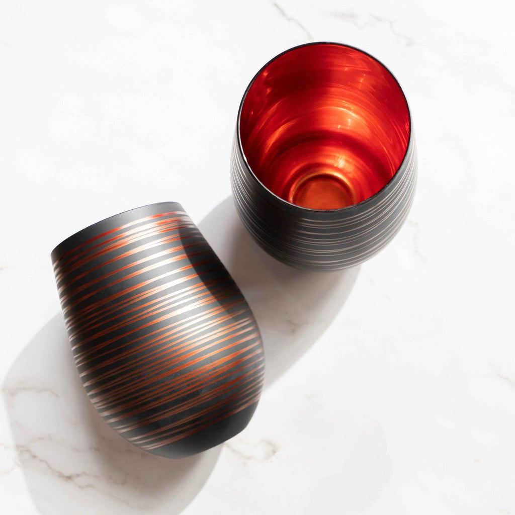 Black Swirl Stemless Wine Glasses with Copper Interior – Set of 2