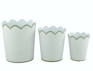 White & Soft Green Scalloped Bucket Wastepaper Basket & Planters (3 Sizes) | Elegant Décor