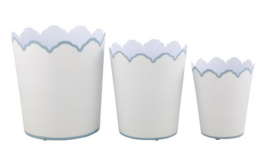 White & Pale Blue Scalloped Bucket Wastepaper Basket & Planters (3 Sizes) | Elegant Décor