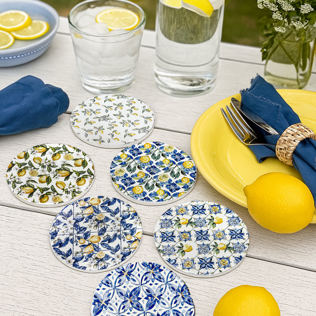 Mediterranean Lemon Ceramic Coasters – Blue Tile & Citrus Designs (4