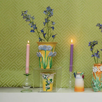 Vase, Med. Yellow W/ Blue Flowers