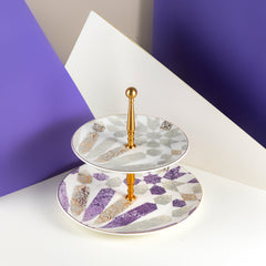 Amal 2-Tier Serving Plate – Purple & Gold Luxury Dessert & Appetizer Stand (7.5” + 10”)