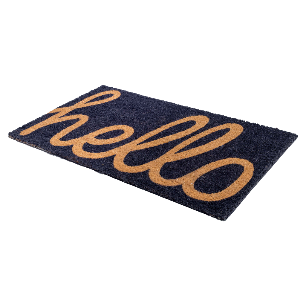 Cursive Hello Dark Blue Natural Coir Doormat