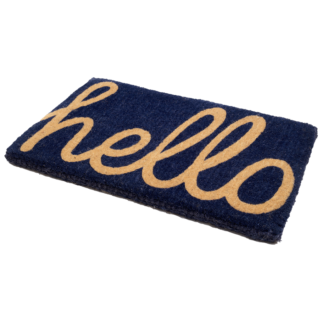Cursive Hello Dark Blue Natural Coir Doormat