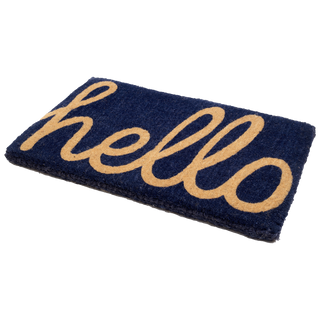 Cursive Hello Dark Blue Natural Coir Doormat