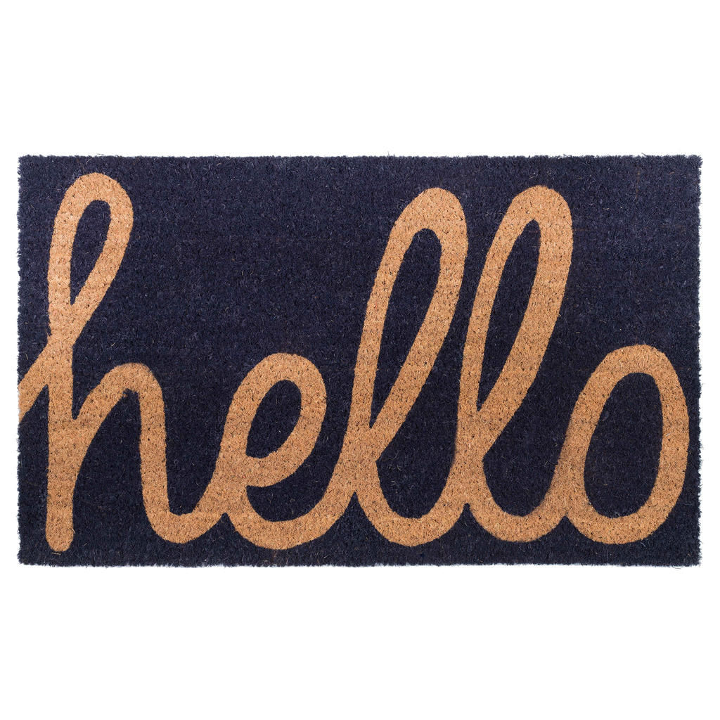 Cursive Hello Dark Blue Natural Coir Doormat