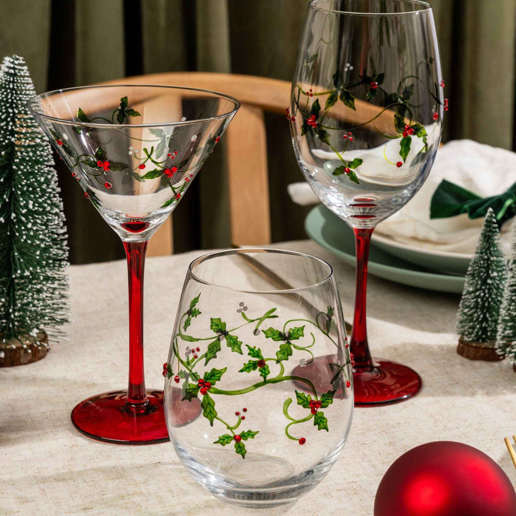 Hand-Painted Holly & Jeweled Berry Stemless Wine Glasses – Set of 2