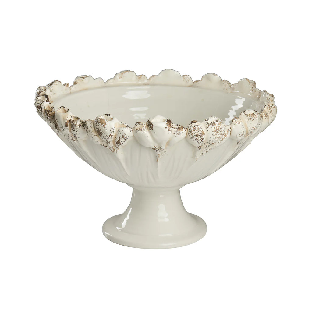 Les Fleur Footed Bowl in Ivory & Green | Handmade Italian Centerpiece