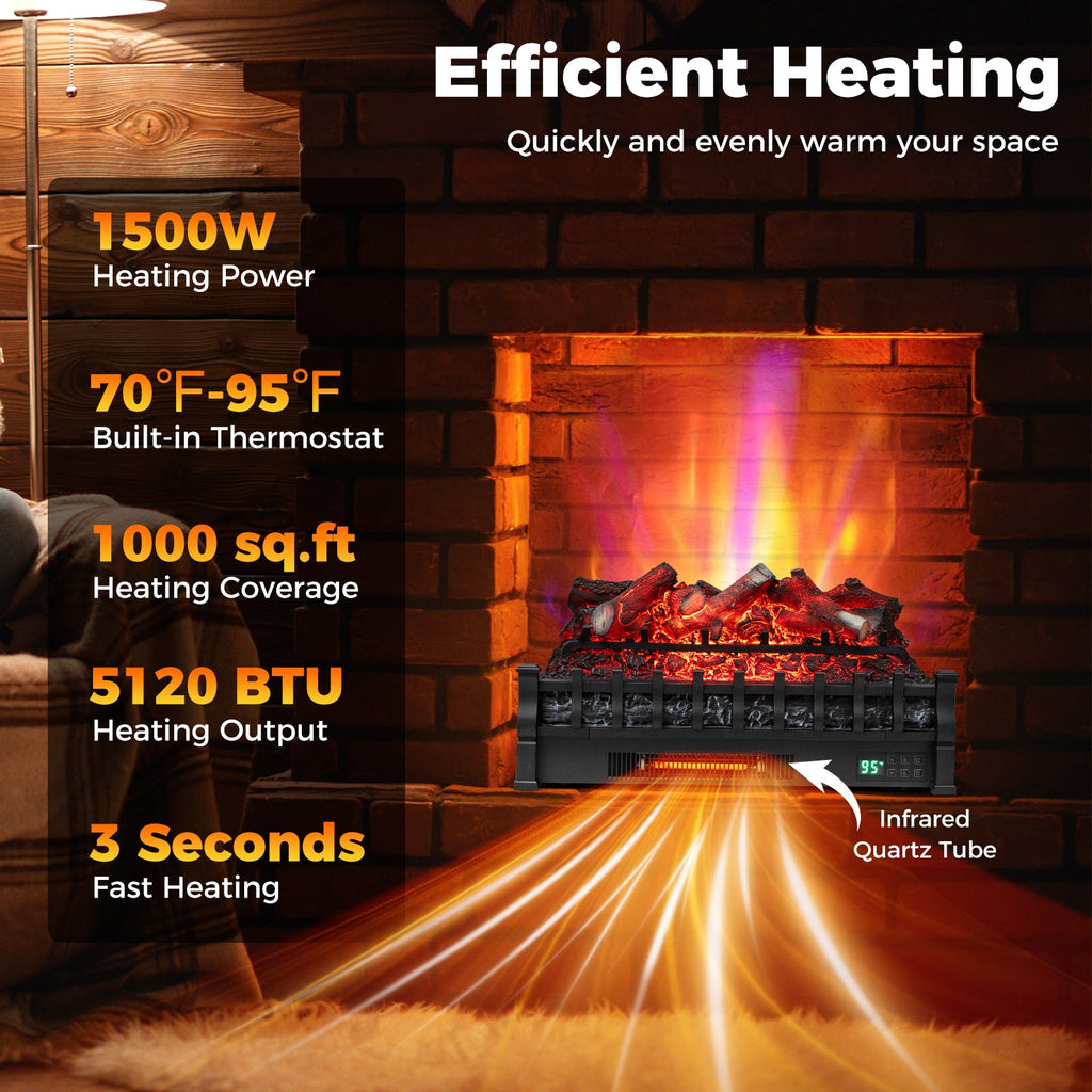 26-Inch Smart WiFi Infrared Quartz Electric Fireplace Insert with Realistic Logs – Black