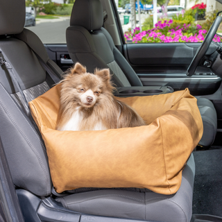 PupProtector™ Vegan Leather Memory Foam Dog Car Bed – Camel