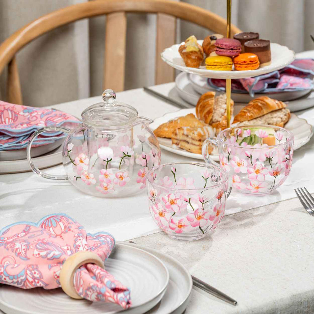 Hand-Painted Cherry Blossom Glass Mugs – Set of 2
