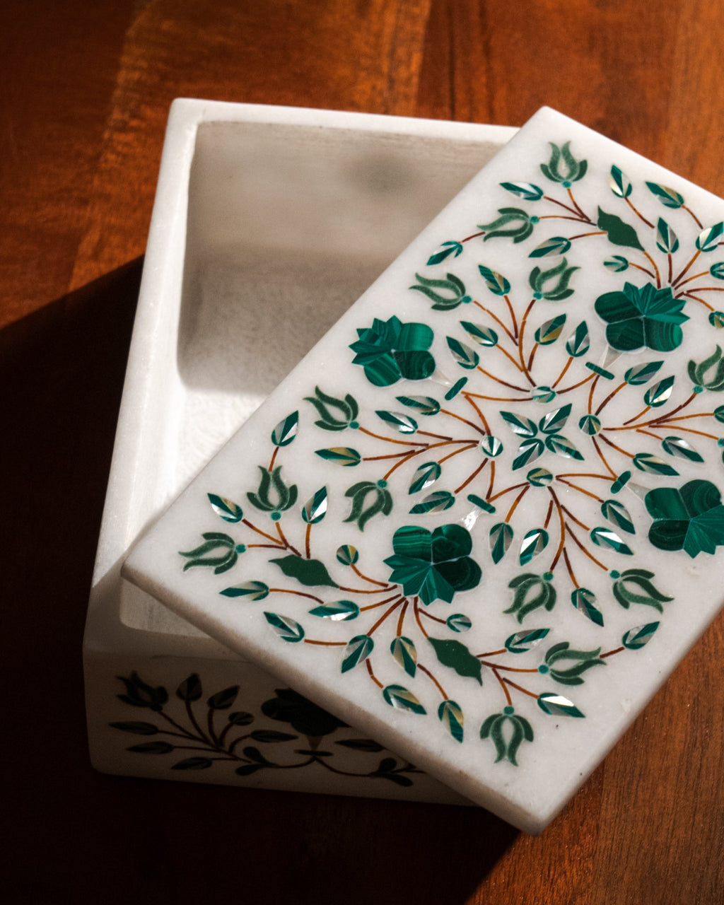 Malachite & Mother of Pearl Marble Inlay Box – Handcrafted Pietra Dura Keepsake