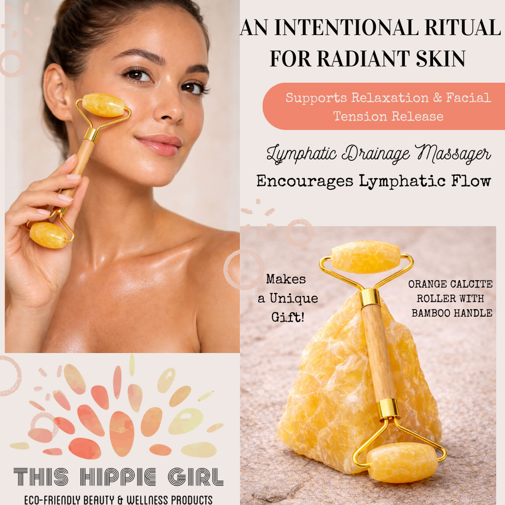 Orange Calcite Facial Roller – Natural Stone Roller with Bamboo Handle