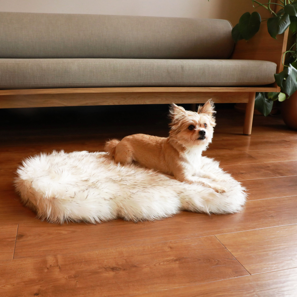 PupRug by Paw.com® Faux Fur Orthopedic Dog Bed – Curve White with Brown Accents