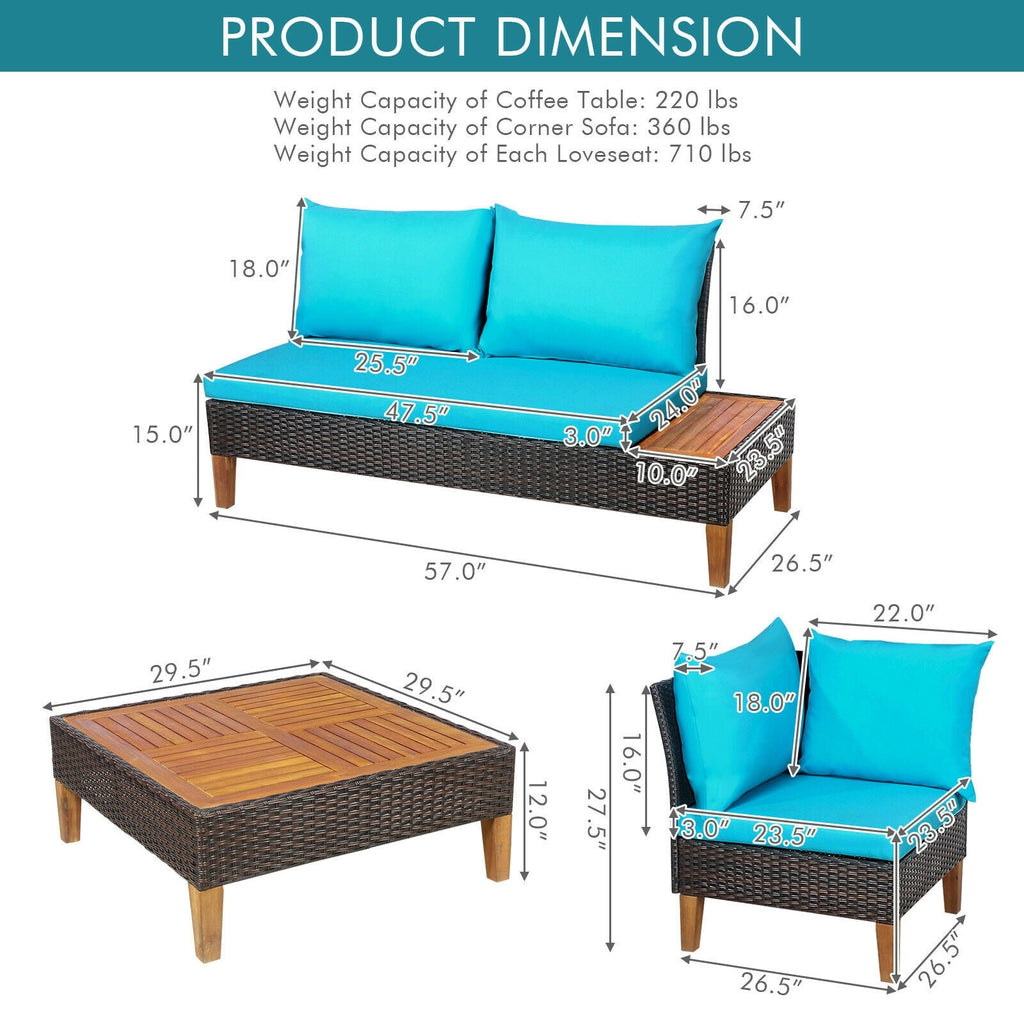 4-Piece Cushioned PE Rattan Patio Furniture Set with Acacia Wood Tables