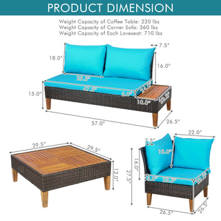 4-Piece Cushioned PE Rattan Patio Furniture Set with Acacia Wood Tables