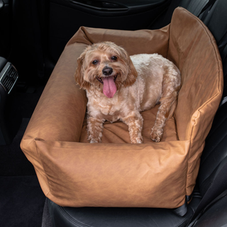 PupProtector™ Vegan Leather Memory Foam Dog Car Bed – Camel