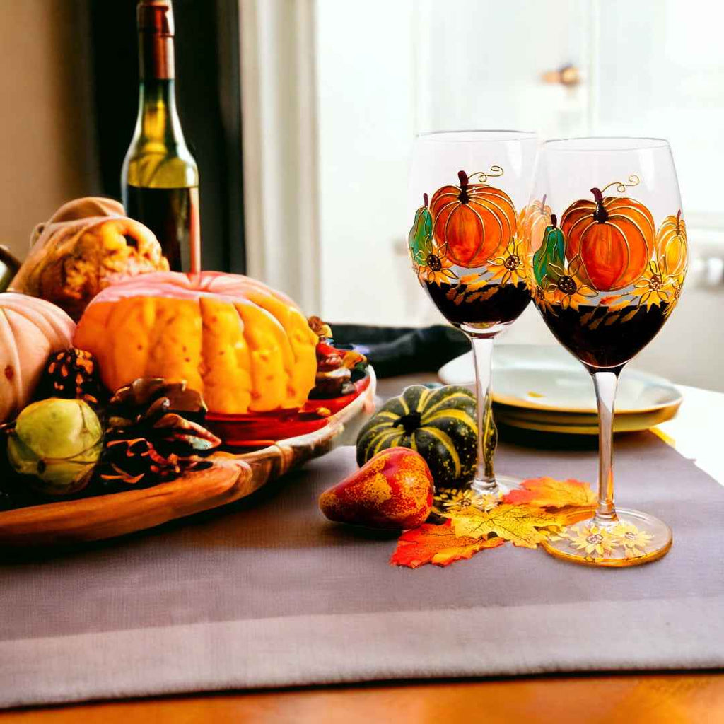 Hand-Painted Pumpkin Wine Glasses – Set of 2