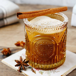 Vintage Amber Drinking Glasses – Ribbed Retro Floral, 10 oz, Set of 6