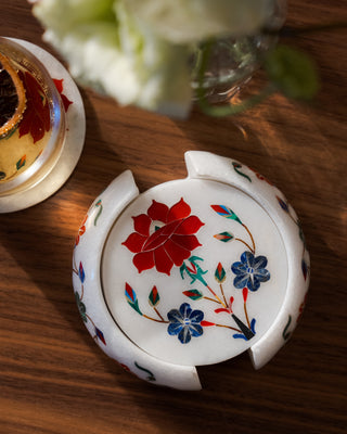 Mughal Red Flower Marble Coaster Set (6-Piece) – Gemstone Inlay Pietra Dura with Decorative Holder
