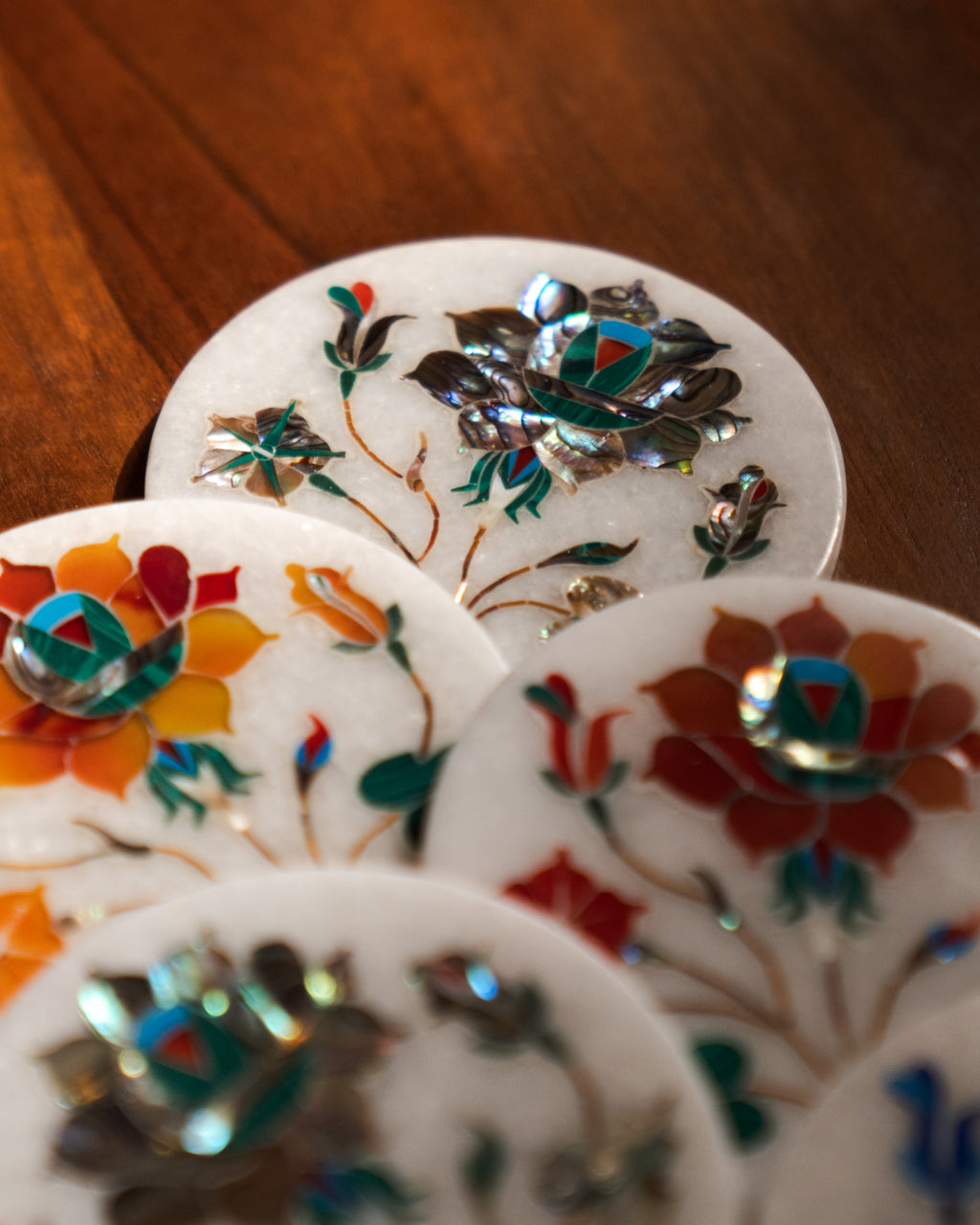 Mughal Multicolored Marble Inlay Coaster Set (6-Piece) – Gemstone Pietra Dura with Holder