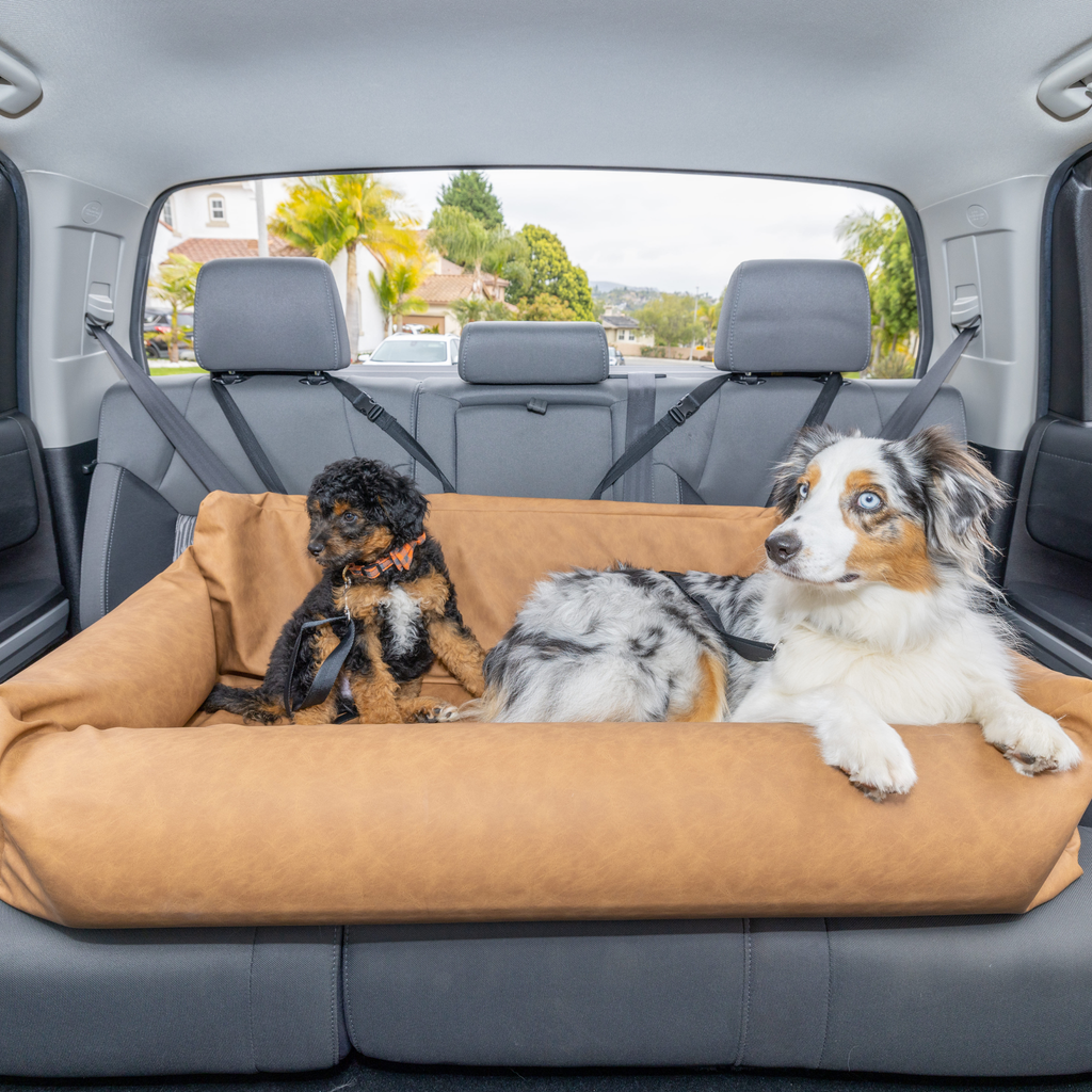 PupProtector™ Vegan Leather Memory Foam Dog Car Bed – Camel