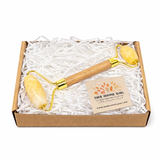 Orange Calcite Facial Roller – Natural Stone Roller with Bamboo Handle