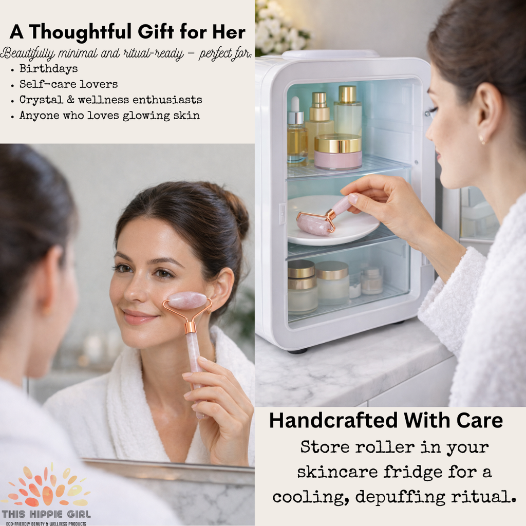 Rose Quartz Facial Roller – Cooling & Depuffing Massage Tool in Rose Gold