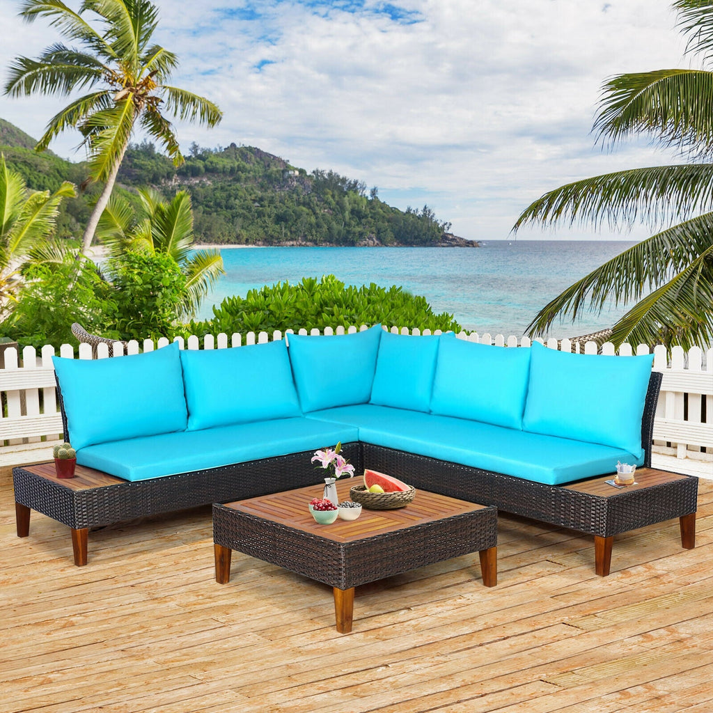 4-Piece Cushioned PE Rattan Patio Furniture Set with Acacia Wood Tables
