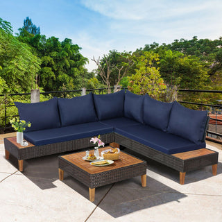 4-Piece Cushioned PE Rattan Patio Furniture Set with Acacia Wood Tables