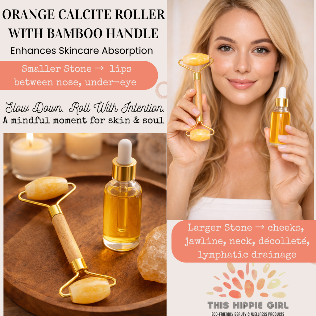 Orange Calcite Facial Roller – Natural Stone Roller with Bamboo Handle