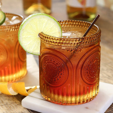 Vintage Amber Drinking Glasses – Ribbed Retro Floral, 10 oz, Set of 6