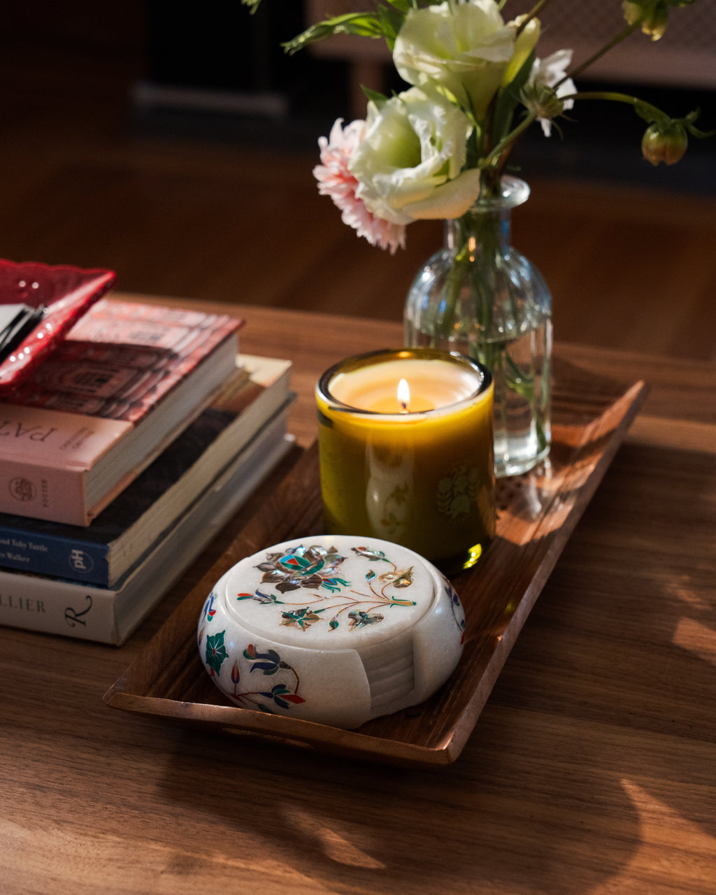 Mughal Multicolored Marble Inlay Coaster Set (6-Piece) – Gemstone Pietra Dura with Holder