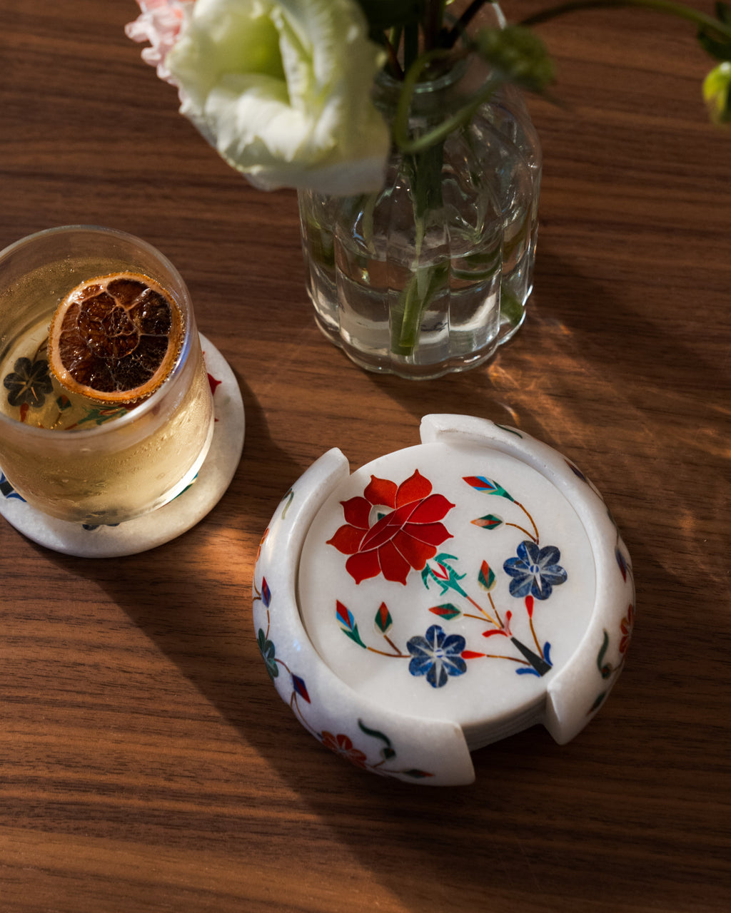 Mughal Red Flower Marble Coaster Set (6-Piece) – Gemstone Inlay Pietra Dura with Decorative Holder