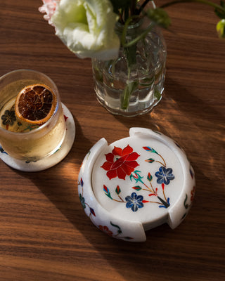 Mughal Red Flower Marble Coaster Set (6-Piece) – Gemstone Inlay Pietra Dura with Decorative Holder