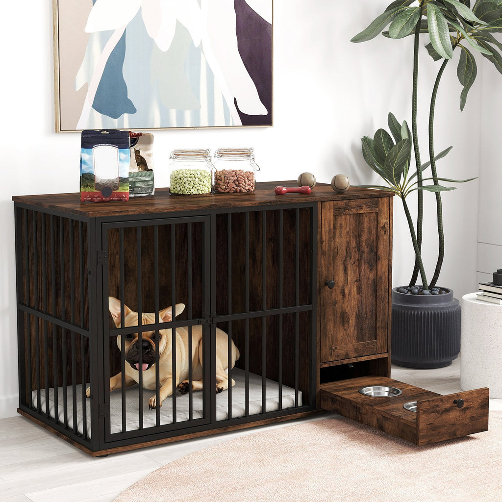 47.5-Inch Dog Crate Furniture with Storage and Pull-Out Feeding Bowls – Rustic Brown