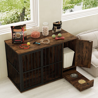 47.5-Inch Dog Crate Furniture with Storage and Pull-Out Feeding Bowls – Rustic Brown