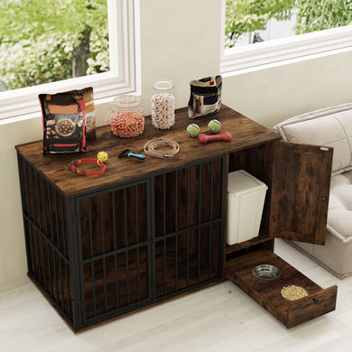 47.5-Inch Dog Crate Furniture with Storage and Pull-Out Feeding Bowls – Rustic Brown