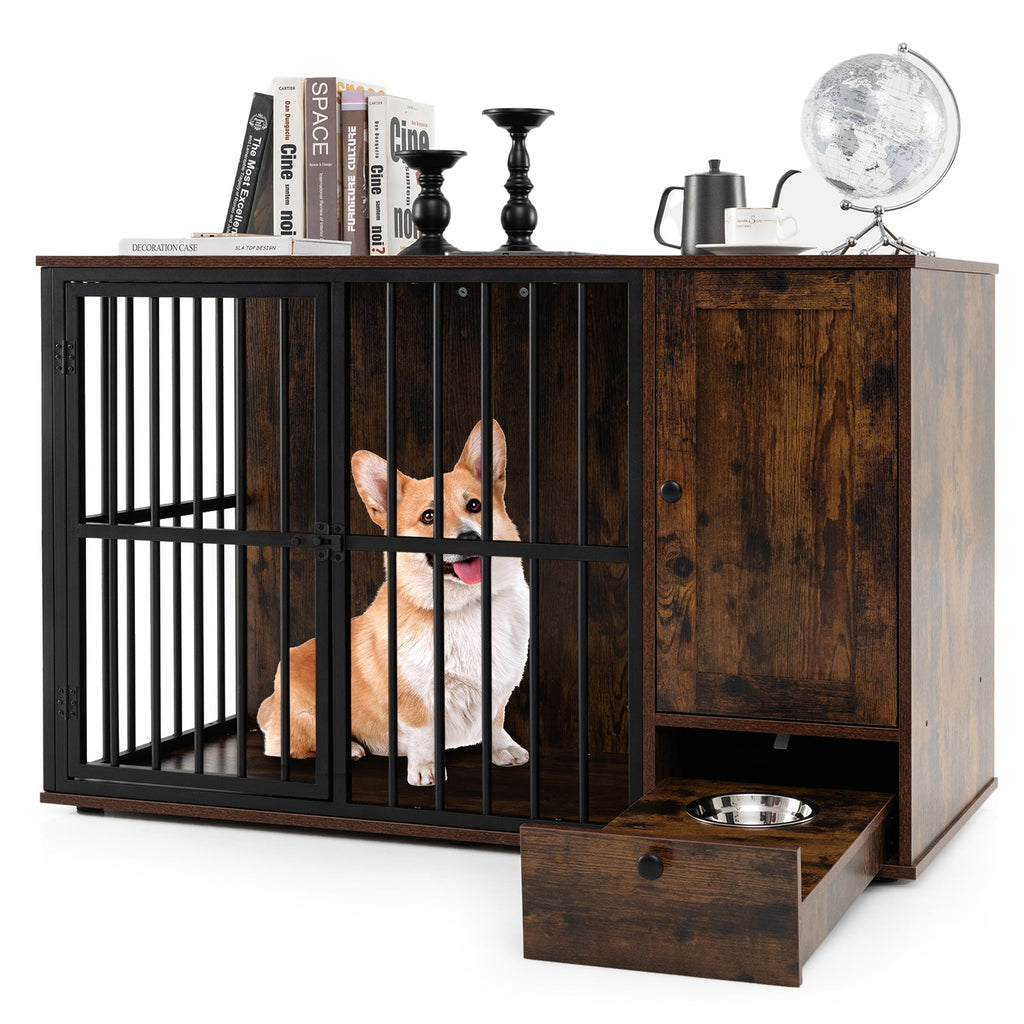 47.5-Inch Dog Crate Furniture with Storage and Pull-Out Feeding Bowls – Rustic Brown