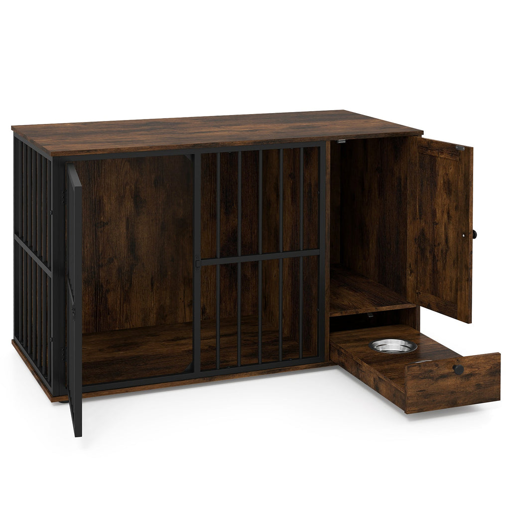 47.5-Inch Dog Crate Furniture with Storage and Pull-Out Feeding Bowls – Rustic Brown