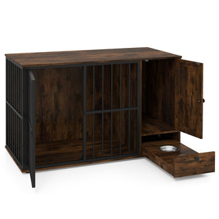 47.5-Inch Dog Crate Furniture with Storage and Pull-Out Feeding Bowls – Rustic Brown