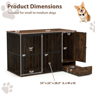 47.5-Inch Dog Crate Furniture with Storage and Pull-Out Feeding Bowls – Rustic Brown