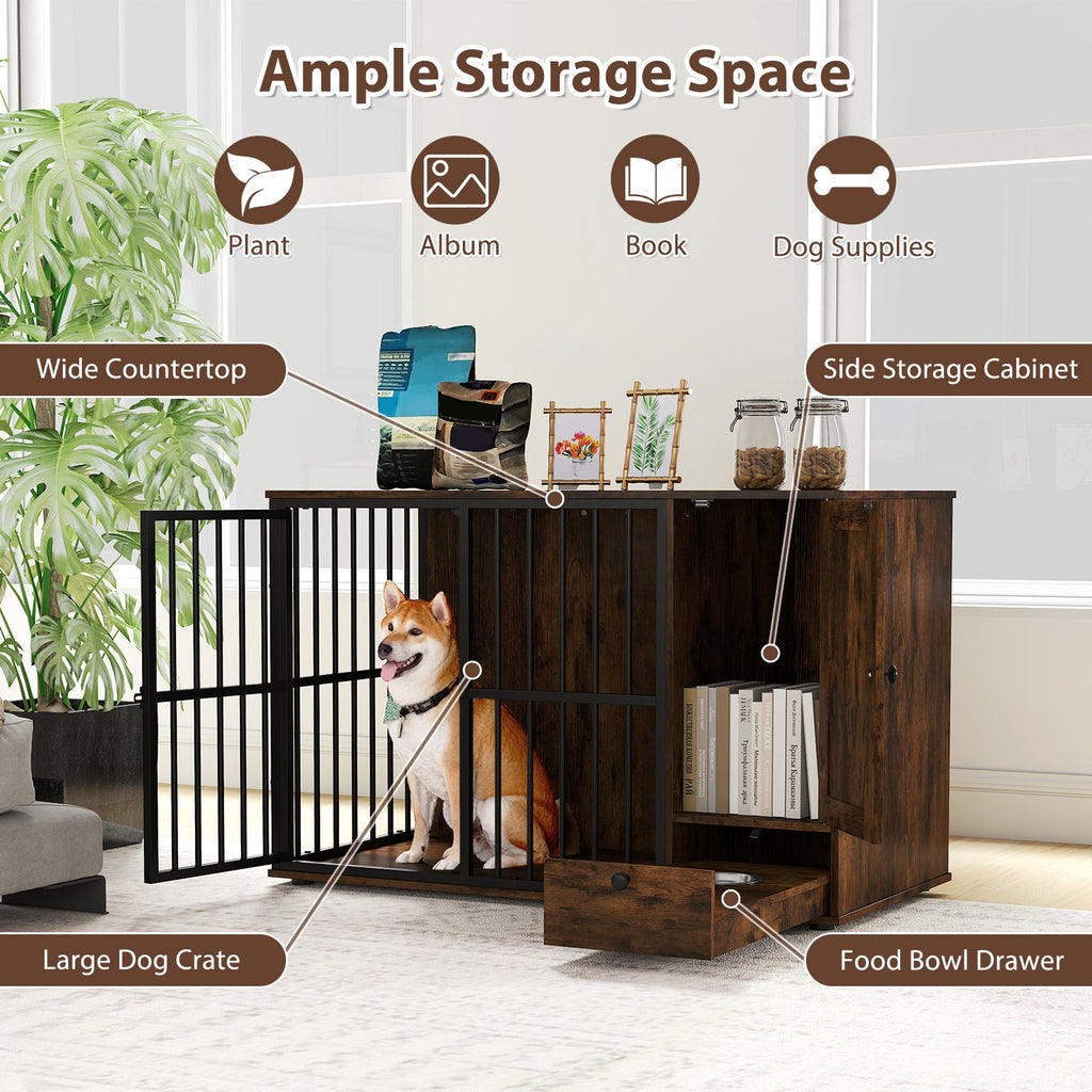 47.5-Inch Dog Crate Furniture with Storage and Pull-Out Feeding Bowls – Rustic Brown