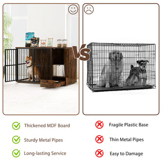 47.5-Inch Dog Crate Furniture with Storage and Pull-Out Feeding Bowls – Rustic Brown